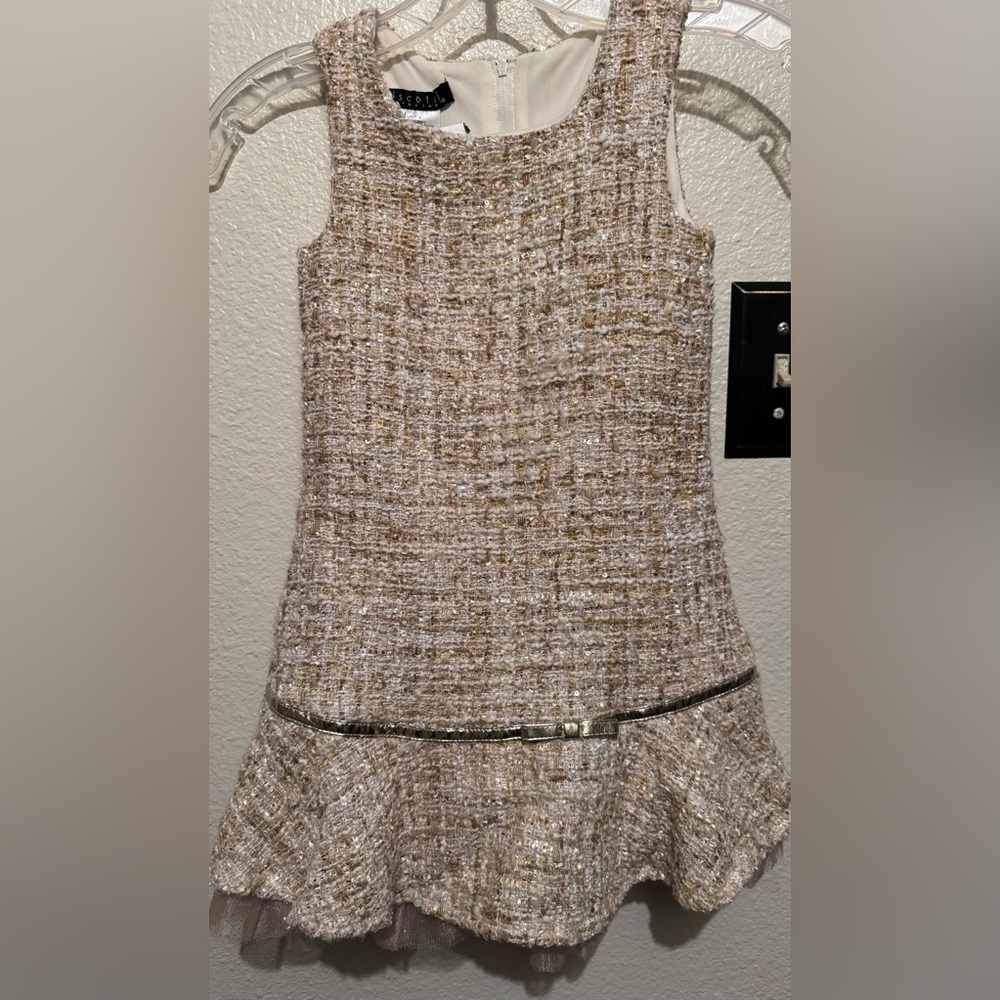 Biscotti Collection Girls Dress - Beige w/hints of gold/Pink Tulle / Size 5